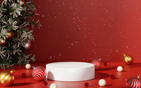 Christmas festive setting with white display pod and ornaments. 3D render illustrationの写真素材