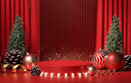 Christmas festive arrangement with vibrant decor and sparkling elements. 3D render illustrationの写真素材