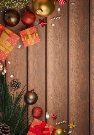 Christmas celebration with festive gifts and decorations. 3D render illustrationの写真素材