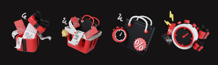 Black Friday gift shopping with vibrant bags and special offers. 3D render illustration