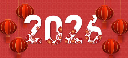 Chinese New Year 2026 celebration with flowers and lanterns. Vector illustrationのイラスト素材