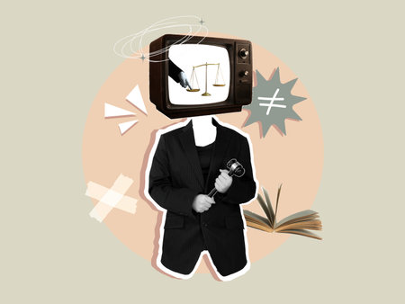 Modern interpretation of justice with television and gavel. Vector illustrationのイラスト素材