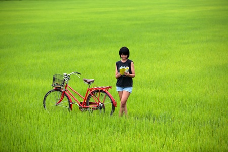Girl reading a book with bike in paddy fieldの写真素材