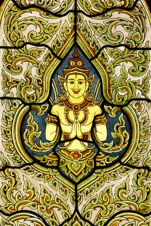 Thai Traditional Painting Glass on Temple Windowのeditorial素材