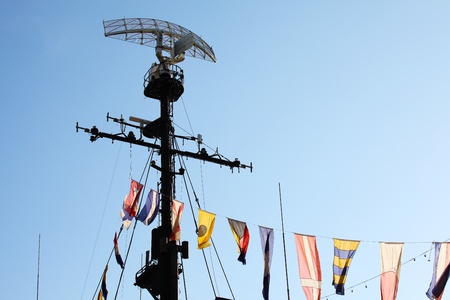 Radar system and communication tower on a navy patrol frigate の写真素材