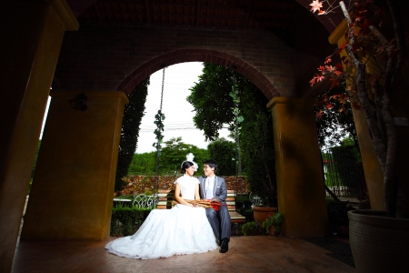 Beautiful wedding couple on swing in castleの写真素材