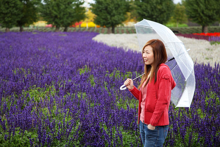 Woman with Umbrella at Tomita Lavender Farm, Hokkaidoの写真素材