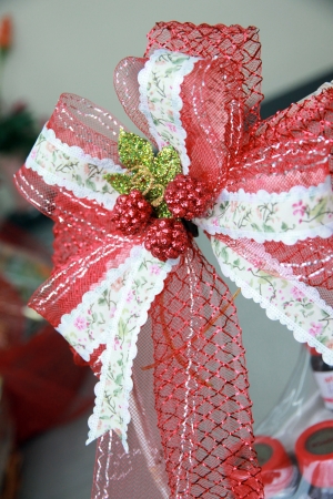 Red and white bow is attached to the gift の写真素材