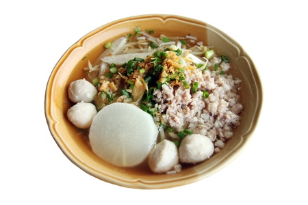 Focus Thai Noodles Soup in write background.の写真素材