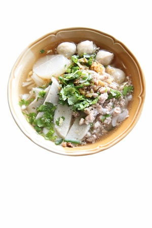 Focus Thai Noodles Soup in write background.の写真素材
