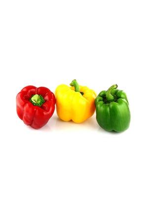 A Bell peppers Three colors on white Background.の写真素材