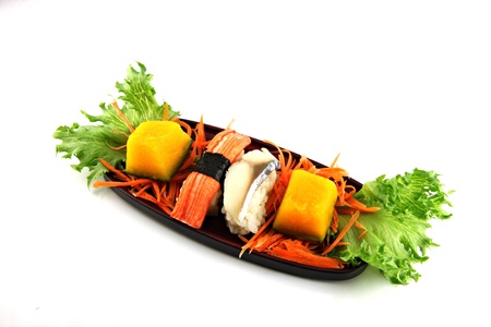 Sushi made from seafood on a bamboo dish,Sushi is a food of Japanese の写真素材