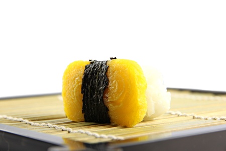 The Sweet egg Sushi on the dish in side viewed.の写真素材