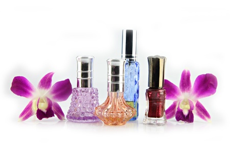 The Purple orchid and Perfume bottles on the white background.の写真素材