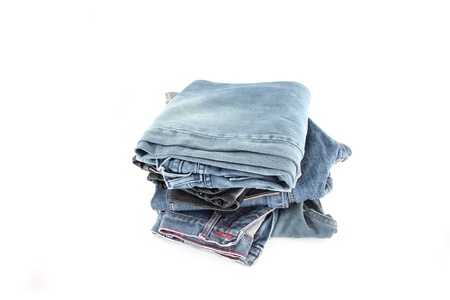 Closeup a lot of blue Jeans on white background 