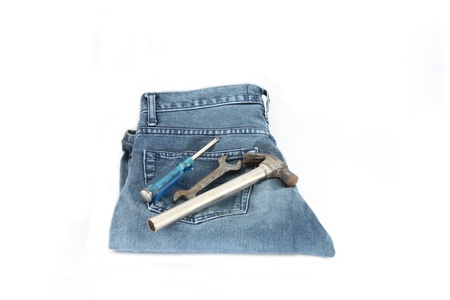 Blue Jeans,Tools and money on white background の写真素材