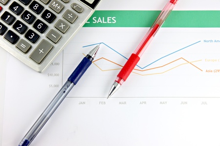 The Picture focus Pen and Calculator resting on Statistical graphs.の写真素材