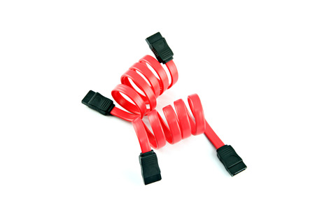 The Red SATA cable on the white background 