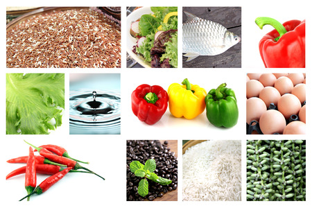 Healthy foods mix in the picture,For example Chili,Fish,Vegetables,Rice,Water.の写真素材