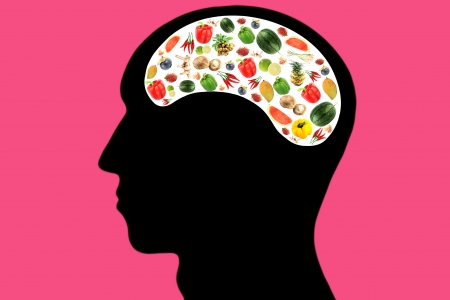 Vegetables and fruits in Head and white color Area,It reflects the care and love to eat good food の写真素材