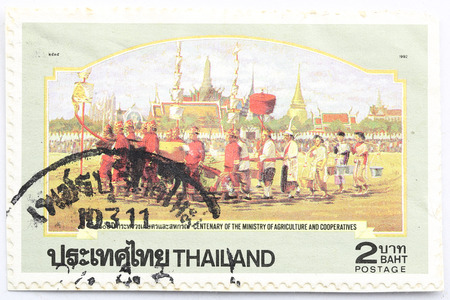 BANGKOK - A old stamp printed by Thailand Post circa 1992 and shows image of 100th Ministry of Agriculture,THAILAND.のeditorial素材