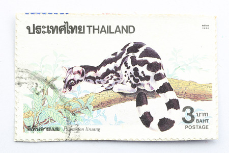 BANGKOK - A old stamp printed by Thailand Post circa 1991 and shows image of Prionodon linsong animal ,THAILAND.のeditorial素材
