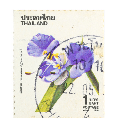 Chiang Mai THAILAND - A old stamp printed in Thailand shows image of Commelina diffusa burm flower,A stamp printed by Thailand Post circa 1990.のeditorial素材