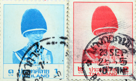 BANGKOK THAILAND - A old stamp printed in Thailand shows image of Great king rama 9 Thailand,A stamp printed by Thailand Post circa 1990.のeditorial素材