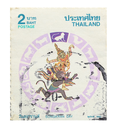BANGKOK - A old stamp printed by Thailand Post circa 1992 and shows image of Songkran Festival,THAILAND.のeditorial素材