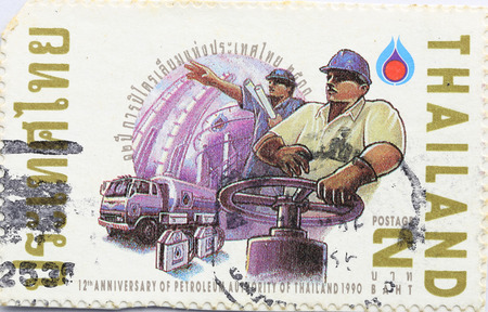 BANGKOK - A old stamp printed by Thailand Post circa 1992 and shows image of Petroleum Authority of Thailand,THAILAND.のeditorial素材