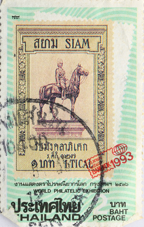 BANGKOK - A old stamp printed by Thailand Post circa 1993 and shows image of World Philatelic Exhibition,THAILAND.のeditorial素材