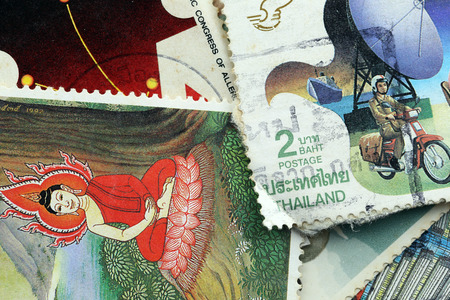 BANGKOK - Pile A old stamp printed by Thailand Post circa 1990 and shows image of Arts and Culture,THAILANDのeditorial素材