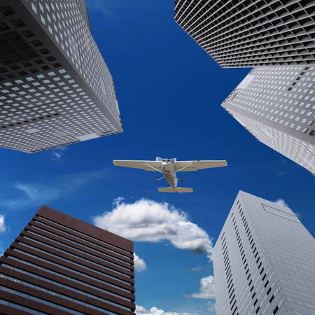 skyscrapers and airplanes on sky for business concept.