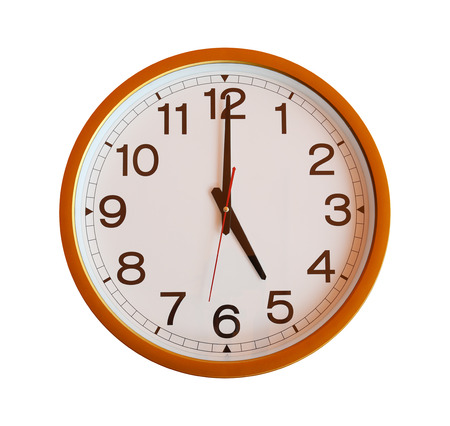 orange wall clock isolated in five o'clock on white background.