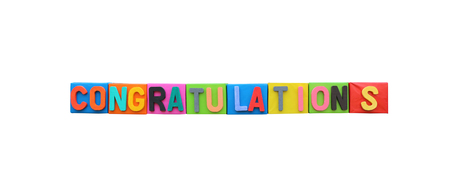 The colorful font of congratulation on paper box isolated on white background and have clipping paths.の写真素材