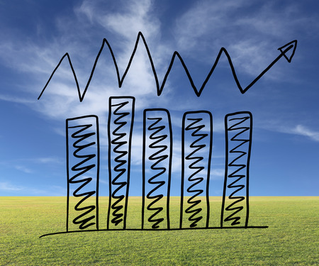 Business bar graph create in the hand drawn design and grow arrow for performance measurement idea on Natural background.の写真素材