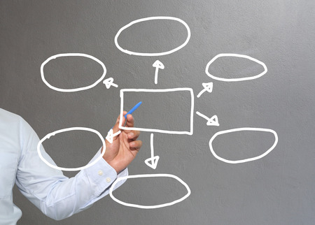 Hand of businessman drawing graphics a symbols geometric shapes graph to input information concept of investment profit in business or management system and have Gray wall of background.の写真素材