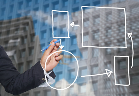 Hand of businessman drawing graphics a symbols geometric shapes graph to input information concept...