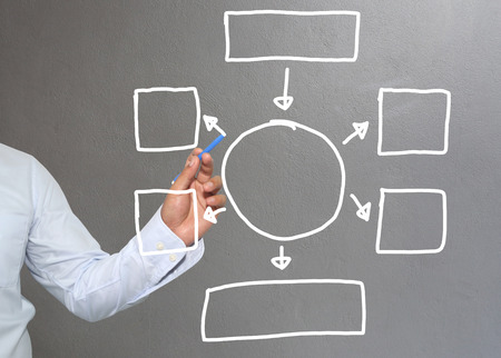 Hand of businessman drawing graphics a symbols geometric shapes graph to input information concept of investment profit in business or management system and have Gray wall of background.の写真素材