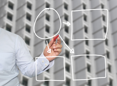 Hand of businessman drawing graphics a symbols geometric shapes graph to input information concept of investment profit in business or management system and have skyscraper background.の写真素材