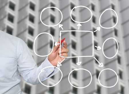 Hand of businessman drawing graphics a symbols geometric shapes graph to input information concept of investment profit in business or management system and have skyscraper background.の写真素材