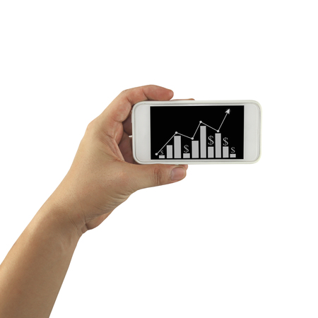 White Smartphone in hand and bar graph isolated on white background.の写真素材