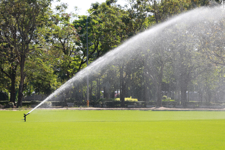 Sprinkler in Watering green lawn of golf courses in the morning.の写真素材
