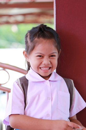 Asian girls in school uniform are smiling happily in concept of education and health.の写真素材