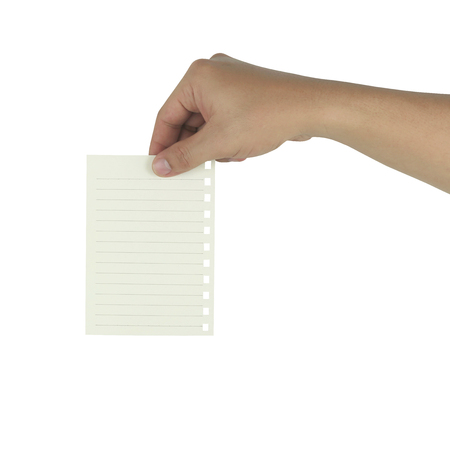 Hand of the businessman holding a empty paper note isolated on white background and have clipping paths with create from pen tool function.の写真素材