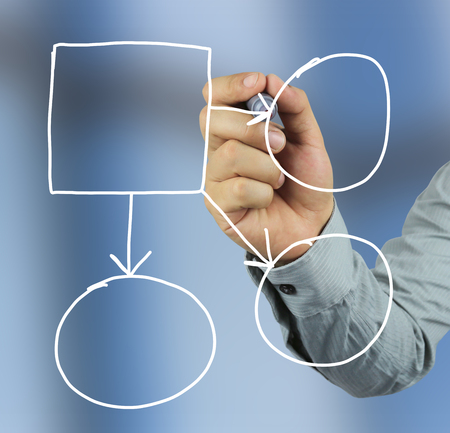 Hand of businessman point to the empty geometric shape in concept of business ideas for presenting your work.の写真素材