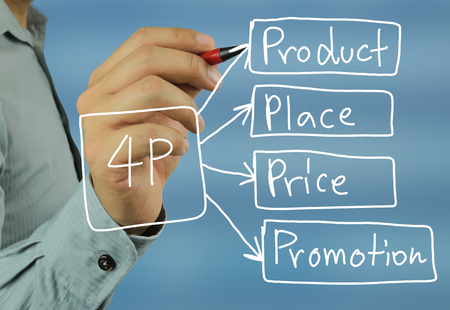 Hand of a businessman writing a 4P system concept text on a blue background for design in your work Presentation.の写真素材