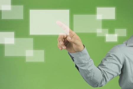 Hand of businessman point to a empty white rectangle box for input idea and work concept.の写真素材