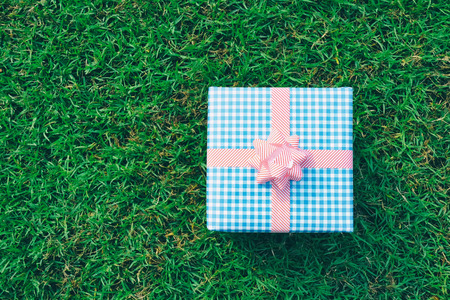 Blue Gift box on the green lawn for Christmas, new year, valentine day or anniversary day and have copy space for design in your work concept.の写真素材