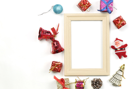 Christmas decoration equipment and photo frame on white background with copy space for your design.の写真素材